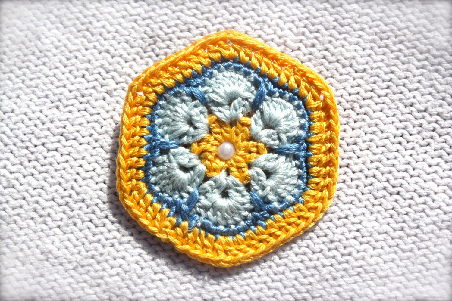 Crochet Flower Brooch, Pin, African Flower, Yellow and Blue