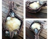 Druzy Diamond Quartz and Tourmaline Wire Wrapped Copper Pendant