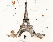 Eiffel Tower / Paris / mustard yellow and gray/yellow and grey romance watercolor print - kellybermudez