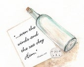 Message in a bottle /Sand dollar/ watercolor print/sand/beige/tan/sea/ocean life/beach cottage decor