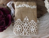 Handmade Bridal drawstring bag Natural burlap & Lace French Country Rustic Wedding dollar dance bag Swarovski Crystals Venice Lace - MilliesCorner