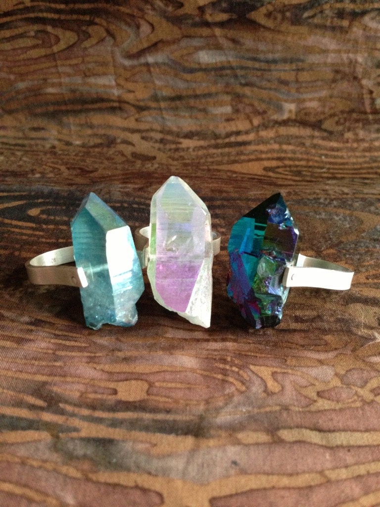 Aura Quartz Sterling Silver Rivet Ring