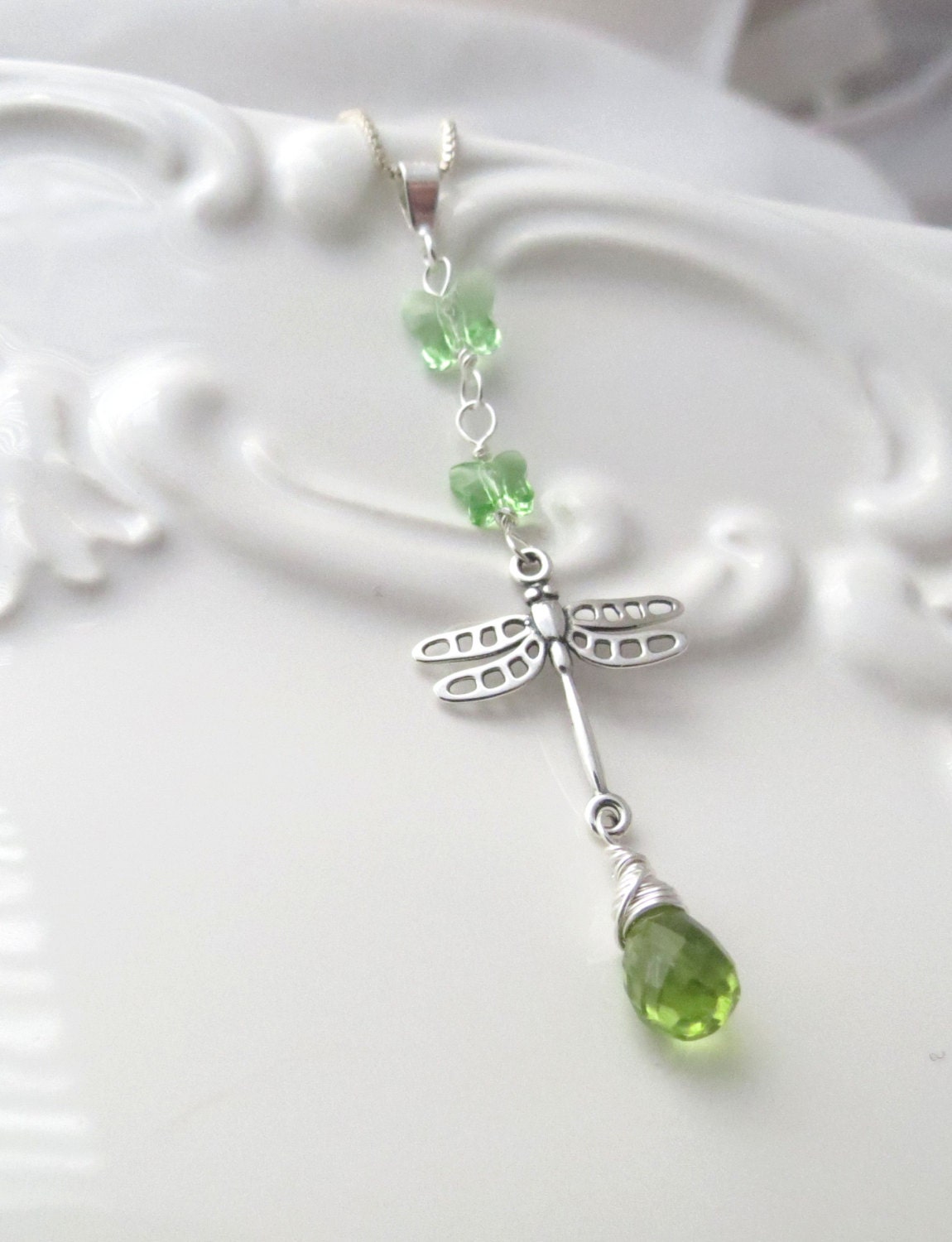 Crystal & Peridot Dragonfly Silver Necklace