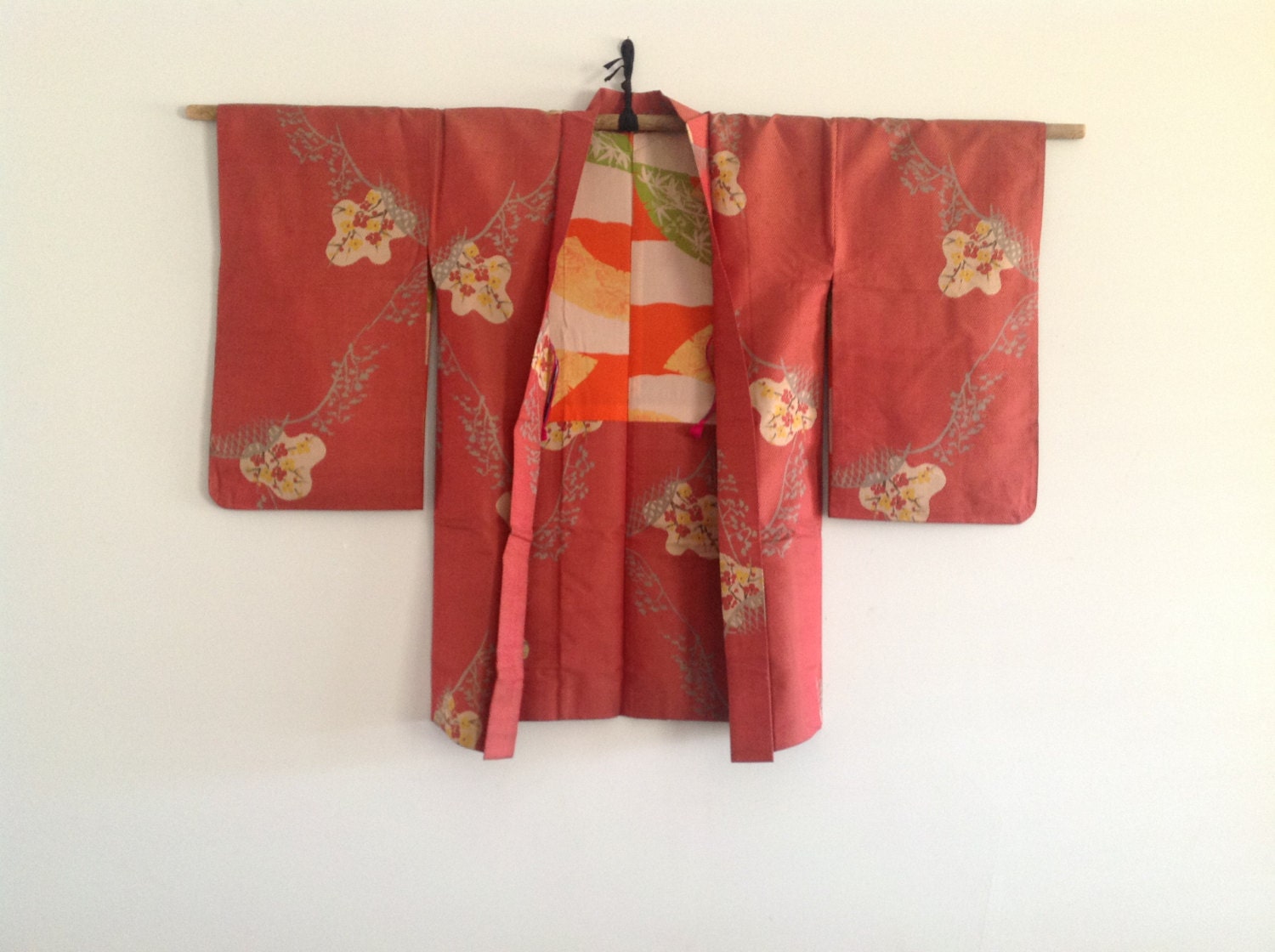1930s Rust Japanese Antique Silk Haori Kimono features Woven Plum design