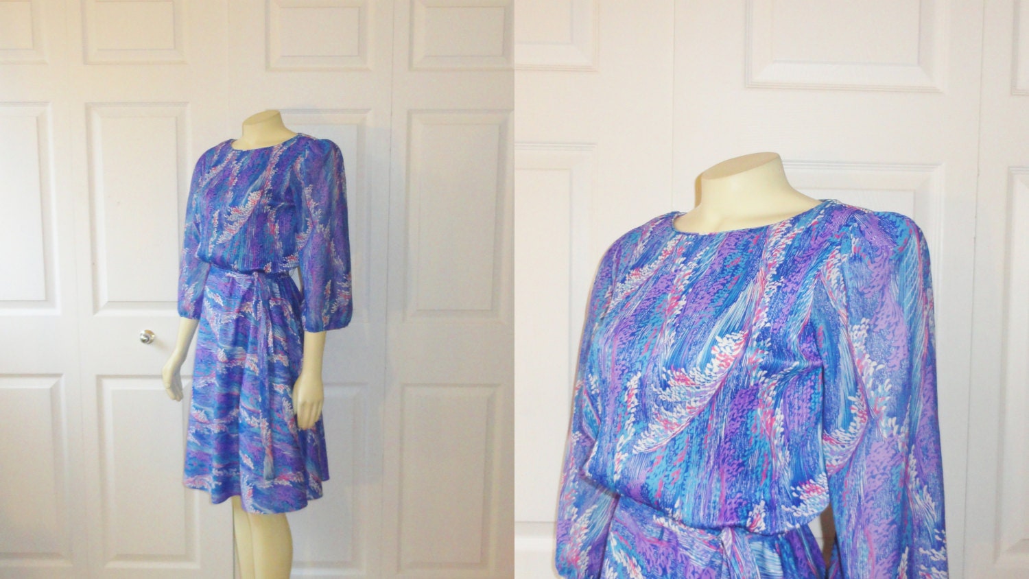 Vintage Dress 70s MCS Ltd Accordian Pleat Bodice Defined Stretch Waist Swing Skirt Belted Size 14 Modern Large to Extra Large