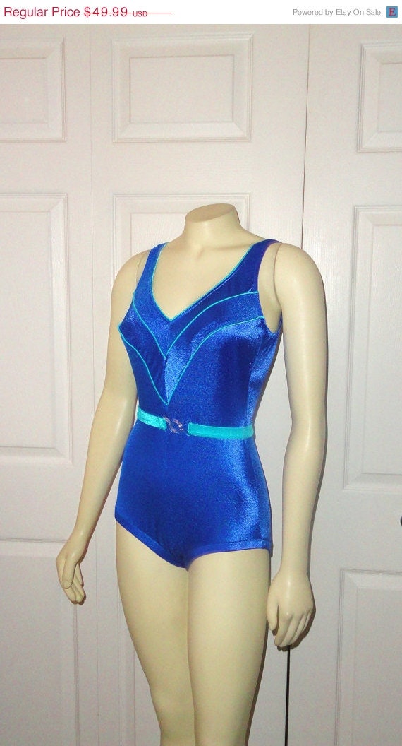 SALE Vintage 80s Swimsuit Slim-Allure Bathing Suit Royal Blue Aqua Chevron V Design sz 12 modern M - L