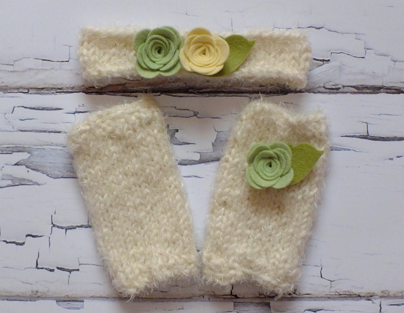 Newborn Headband & Leg Warmers, White, Cream, Off-White, Felted Flower, Photo Prop