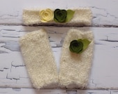 Newborn Headband & Leg Warmers, White, Cream, Off-White, Felted Flower, Photo Prop