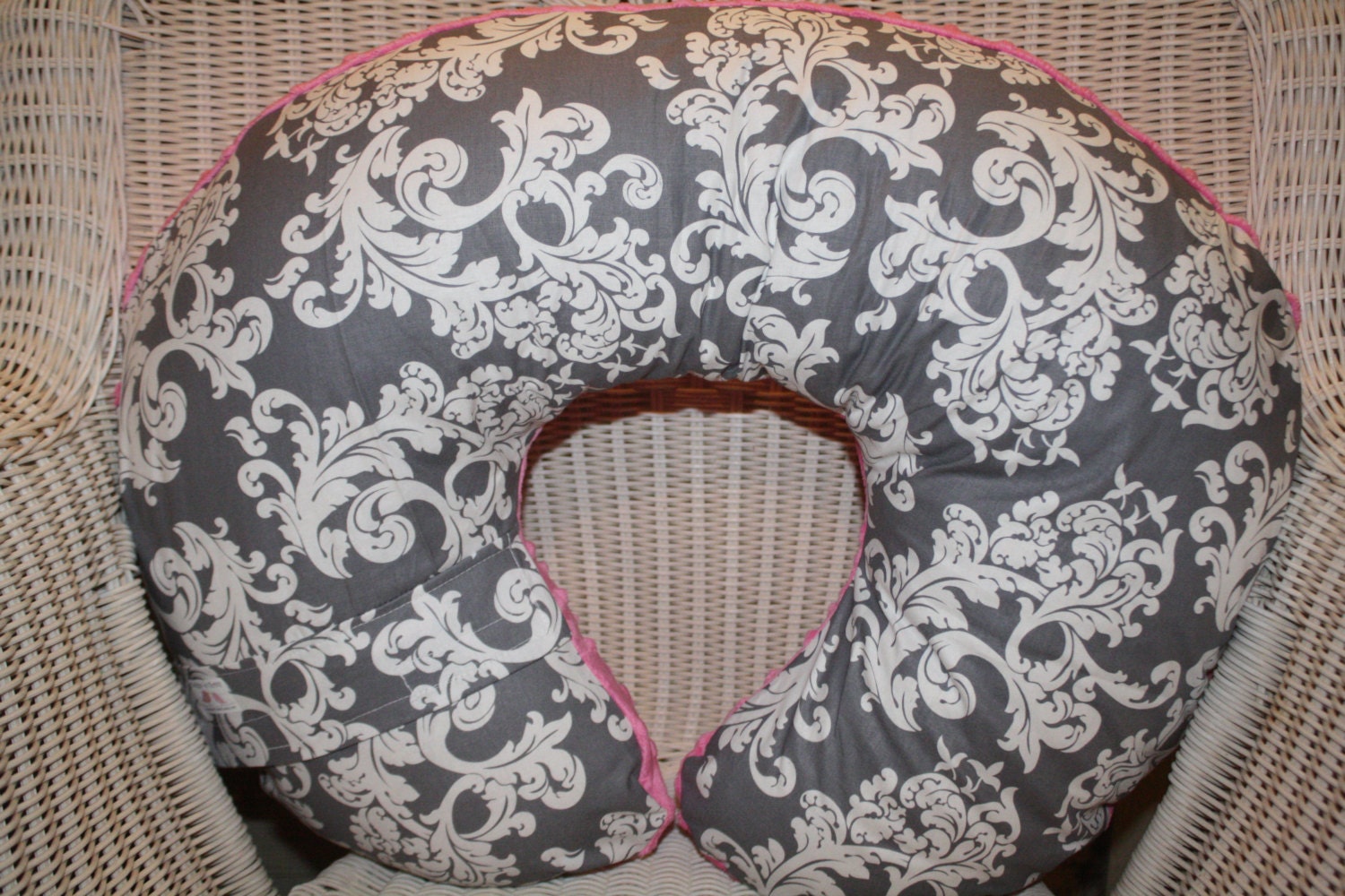 Personalized Gray Elegance Damask and Minky Boppy Cover