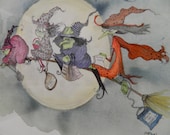Commuter Broom -  Original Art By Creepymama -  Witches, Scary, Zombies, Children, Creepy