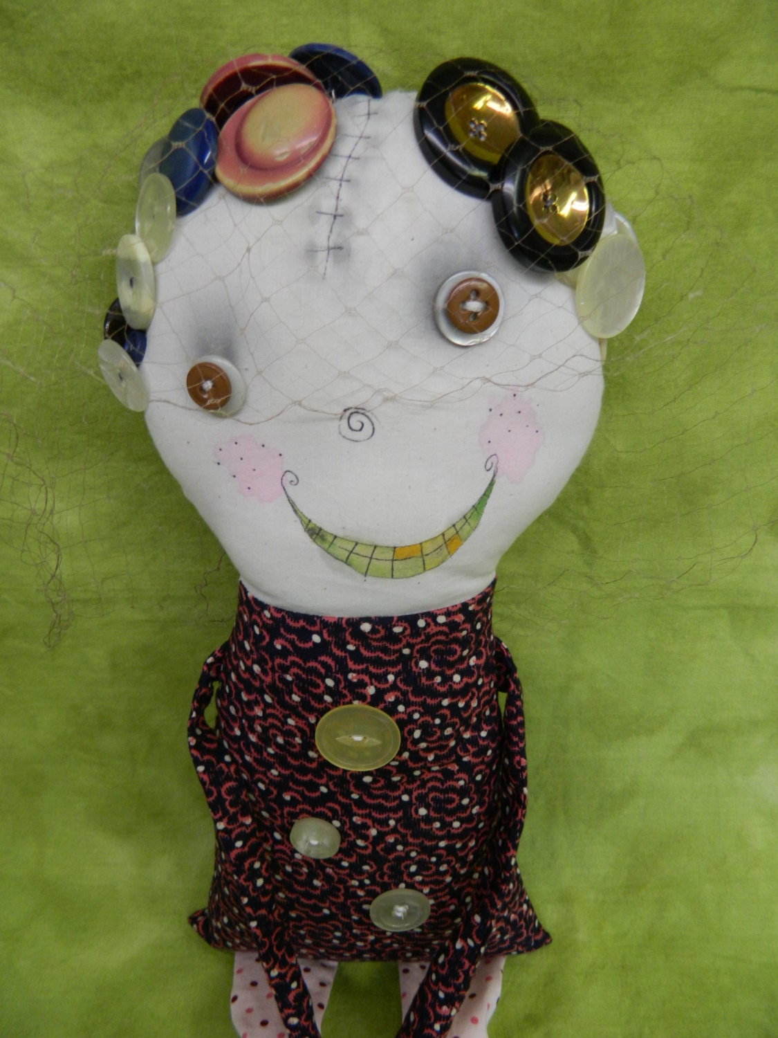 Miss Florence Lady Doll, Art Doll, Painted Face Button Hair.