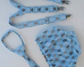 Blue Argyle First Birthday Clothes or Cake Smash Outfit for Boys: Suspender, Necktie and Diaper Cover Set