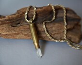 Clear Quartz Crystal Point Brass Bullet Necklace on Vintage Gold & Silver Rope Chain