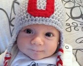 Ohio State University OSU Buckeyes Crochet Earflap Hat Gray with Block "O" (Newborn - 4T) Great for Photo Prop