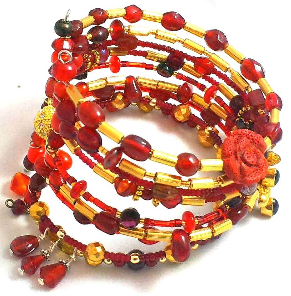 Handmade, One of a Kind, Burgundy, Red and Gold, Beaded Multi Bangle Bracelet, Memory Wire, Magnetic Clasp, 8.5in, Fast Shipping