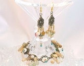 Handmade One of a Kind Romantic Beaded Bracelet and Earrings Antique-Bronze Charm with Shell, Turquoise Glass and Seed Bead Gold Plate Set