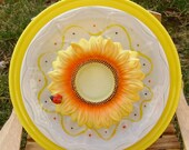Yellow  GARDEN FLOWER SCULPTURE with ladybug