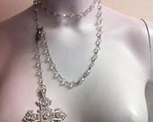 Crystal Rosary style necklace with large cross, multi use, Made with Clear Swarvoski Crystal Silver Plated