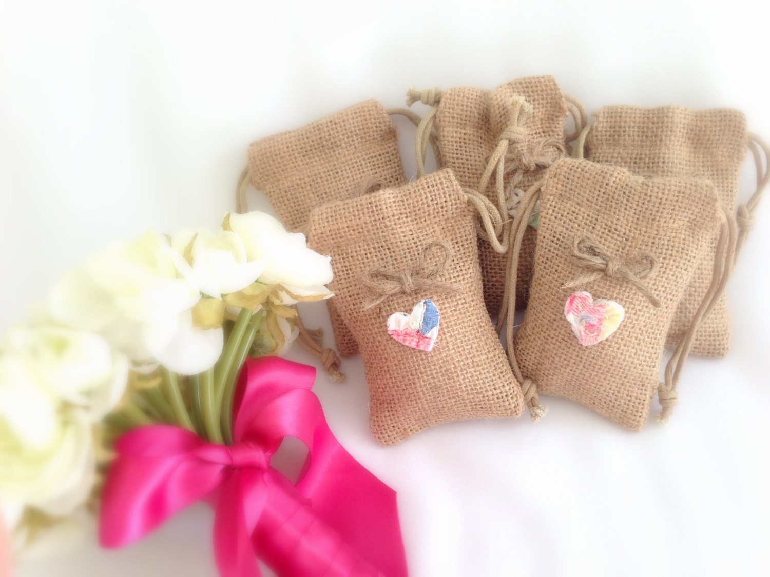 Rustic Burlap Favor Bags, Wedding, Vintage Quilt Hearts, Homespun, Rustic , Country Theme, Party, Celebration