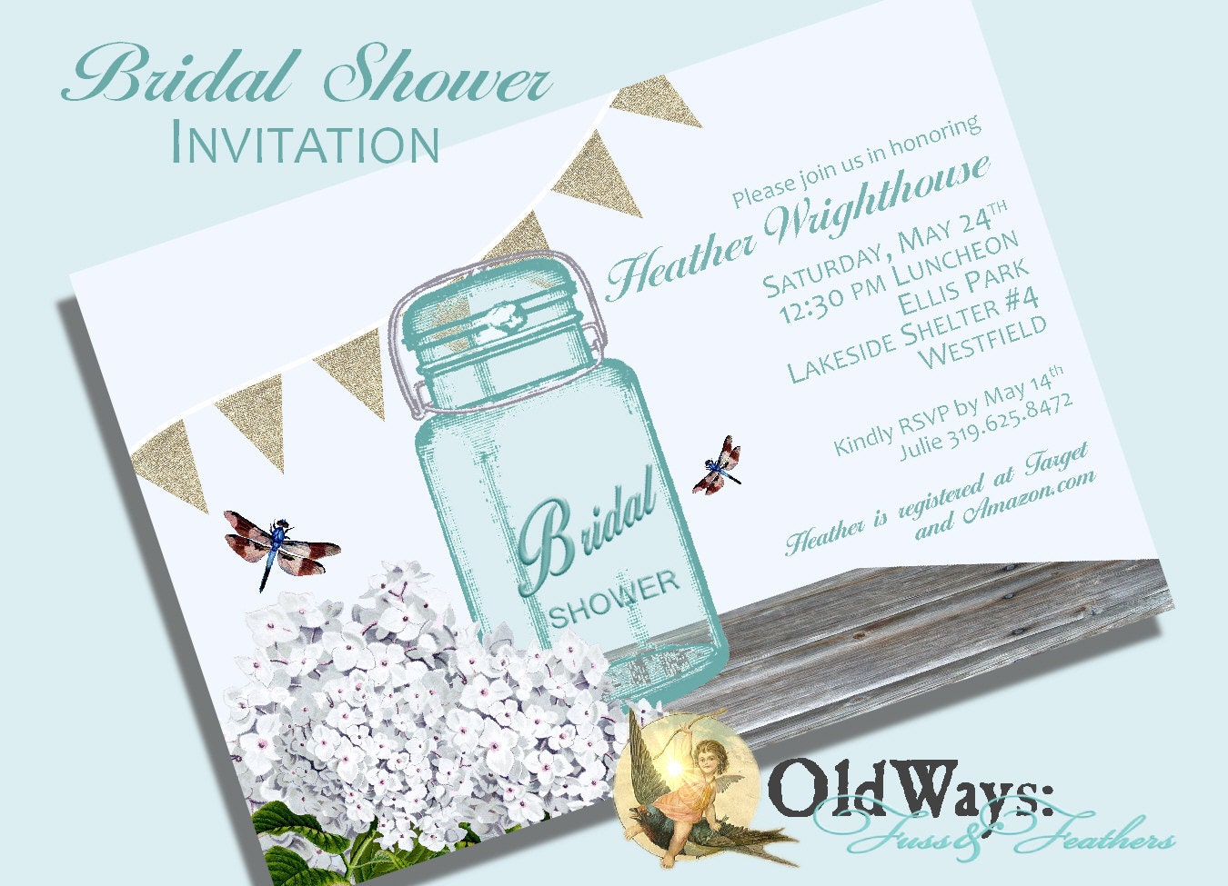White Hydrangea Mason Jar Invitation Rustic Bridal Shower Burlap Banner - Printable Custom DIY Invite 5x7 or 4x6 Digital JPEG and PDF