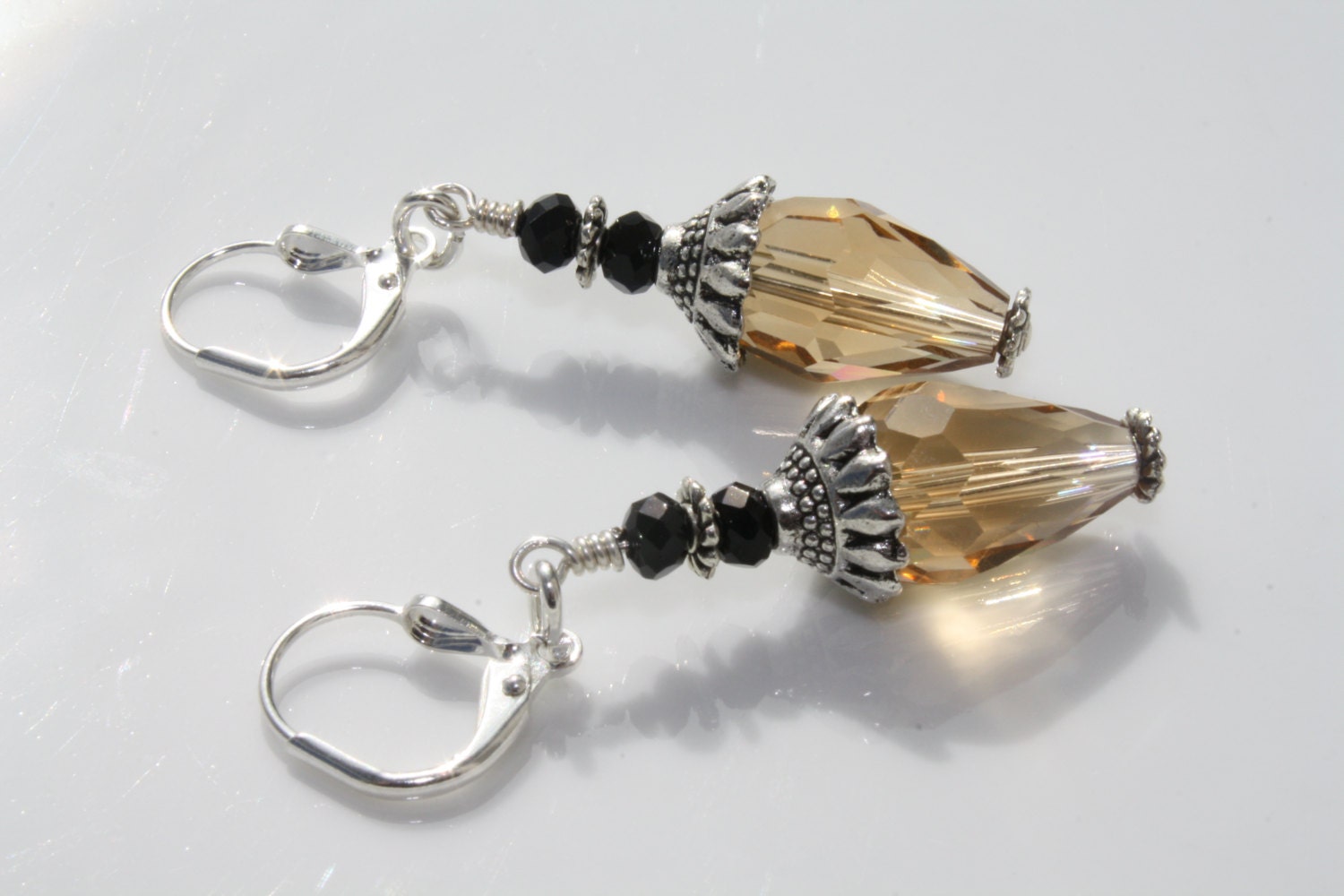 Silver Plated Citrine and Black Crystal Earrings