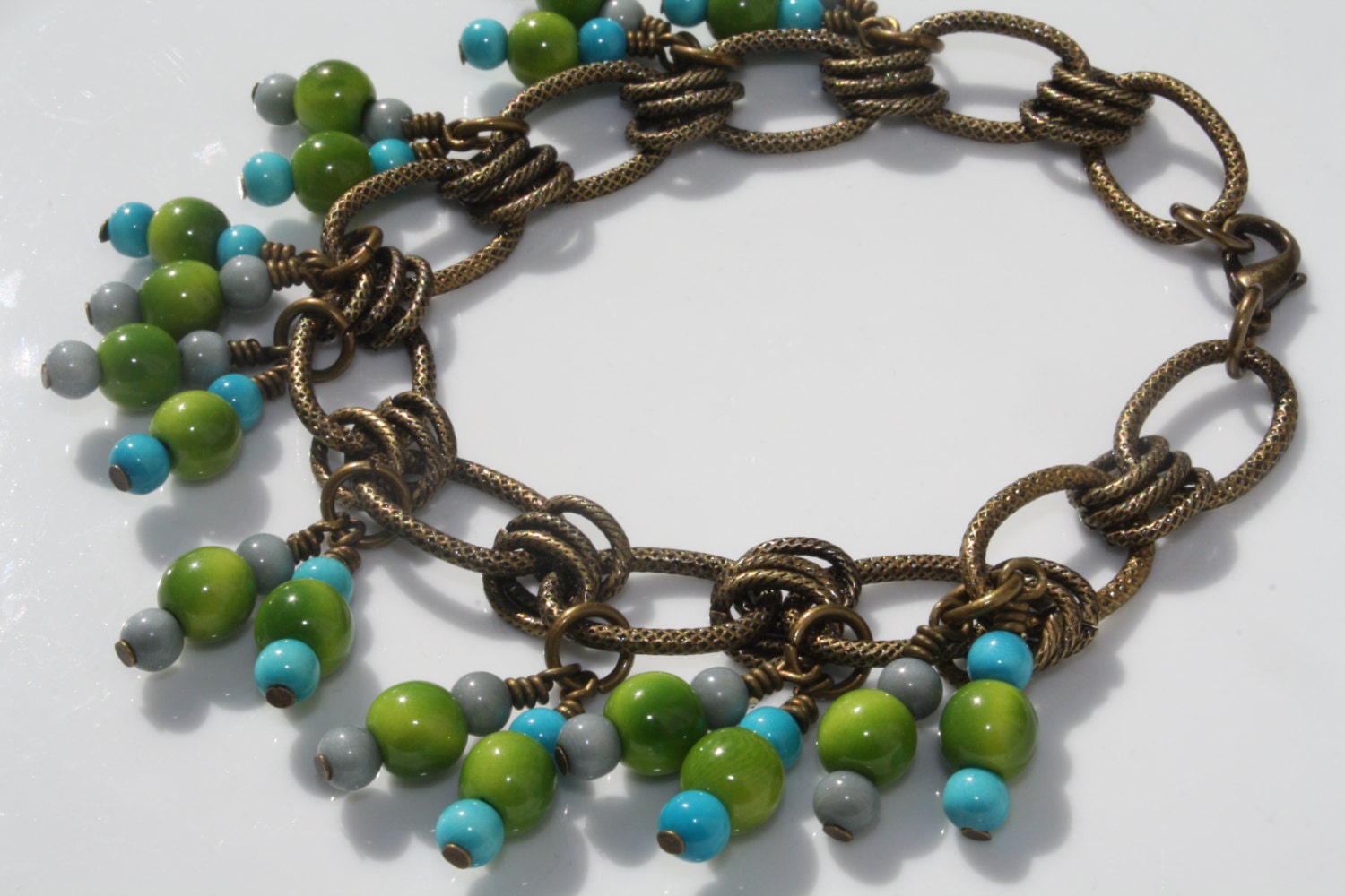 Green and Turquoise and Gray Tagua Nut Charm Anklet