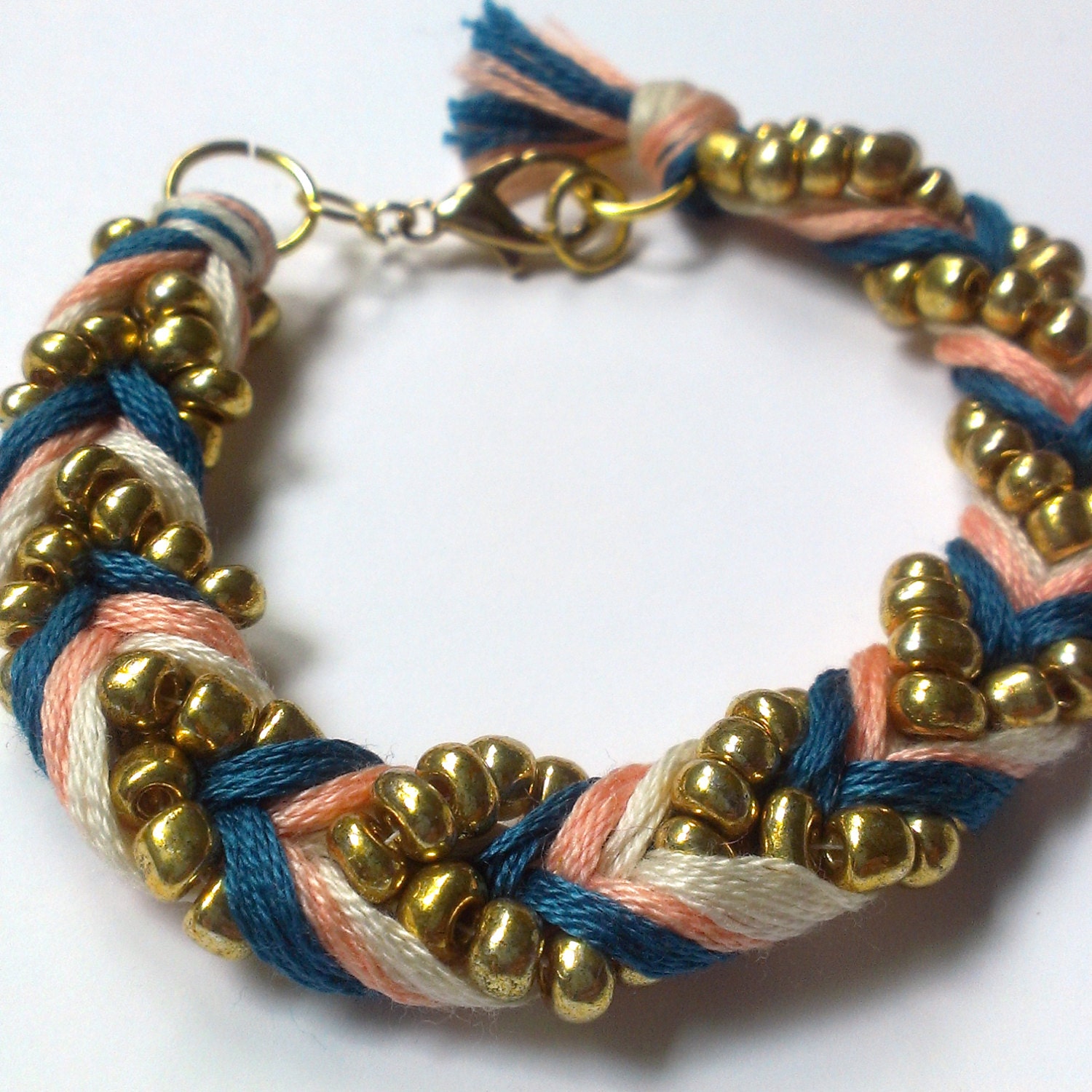 Blue, Coral, White Chevron Braided Friendship Bracelet with Gold Beads / Teal, Peach, Pink