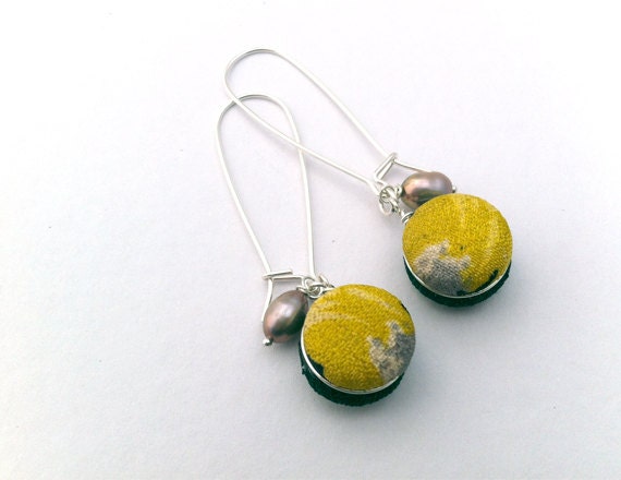 Kimono Droplet Earrings, Yellow, Gray, Forest Green, Silk, Sterling Silver
