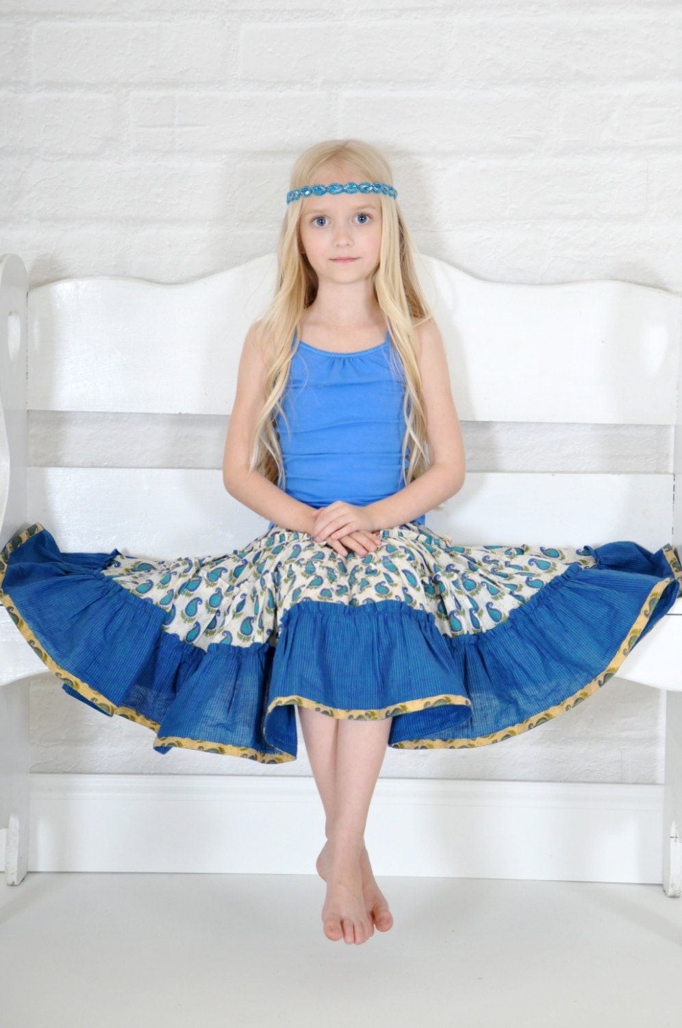 Cotton tiered ruffled skirt ' PAISLEY CIRCLE' 2T 3T 4T girls 5 6 -Ready to ship-twirl circular skirt