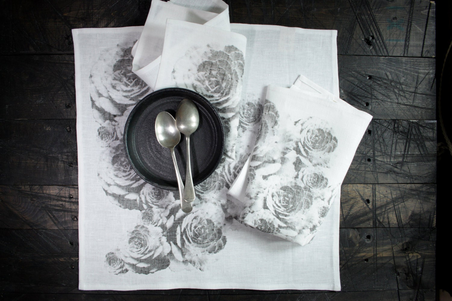 O N  S A L E   100% Linen NAPKIN ART - Black Kale Photograph