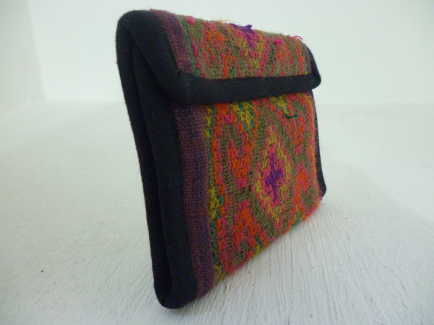 Green Purple Cross Wallet Velcro Hill Tribe Fabric Vintage HMONG Handmade Thailand (BG853.610)