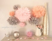 ON SALE Wedding Decor 10 Tissue Poms - Girl Nursery Decor - Girl Birthday Decor-Bridal Shower-Engagement-Pink and Gray-Peach Il_170x135