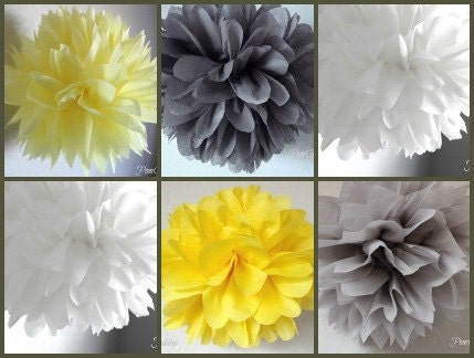 ON SALE 10 Yellow and Gray,White Wedding Reception Decorations / Tissue Pom Poms