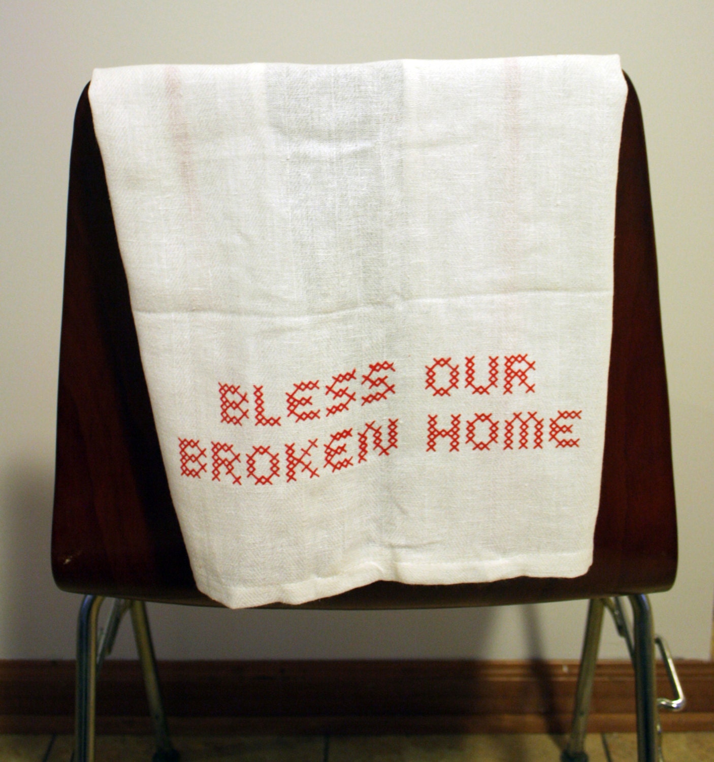 Red & White "Bless Our Broken Home" Dish Towel