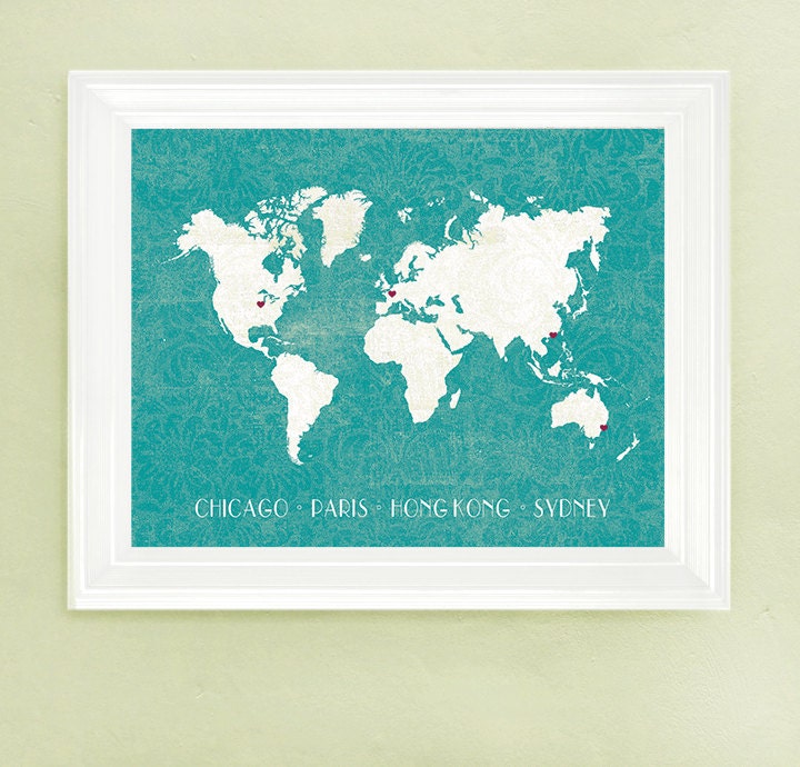 Custom Favorite Places Map -  12x18   Features any colors and countries or states you choose