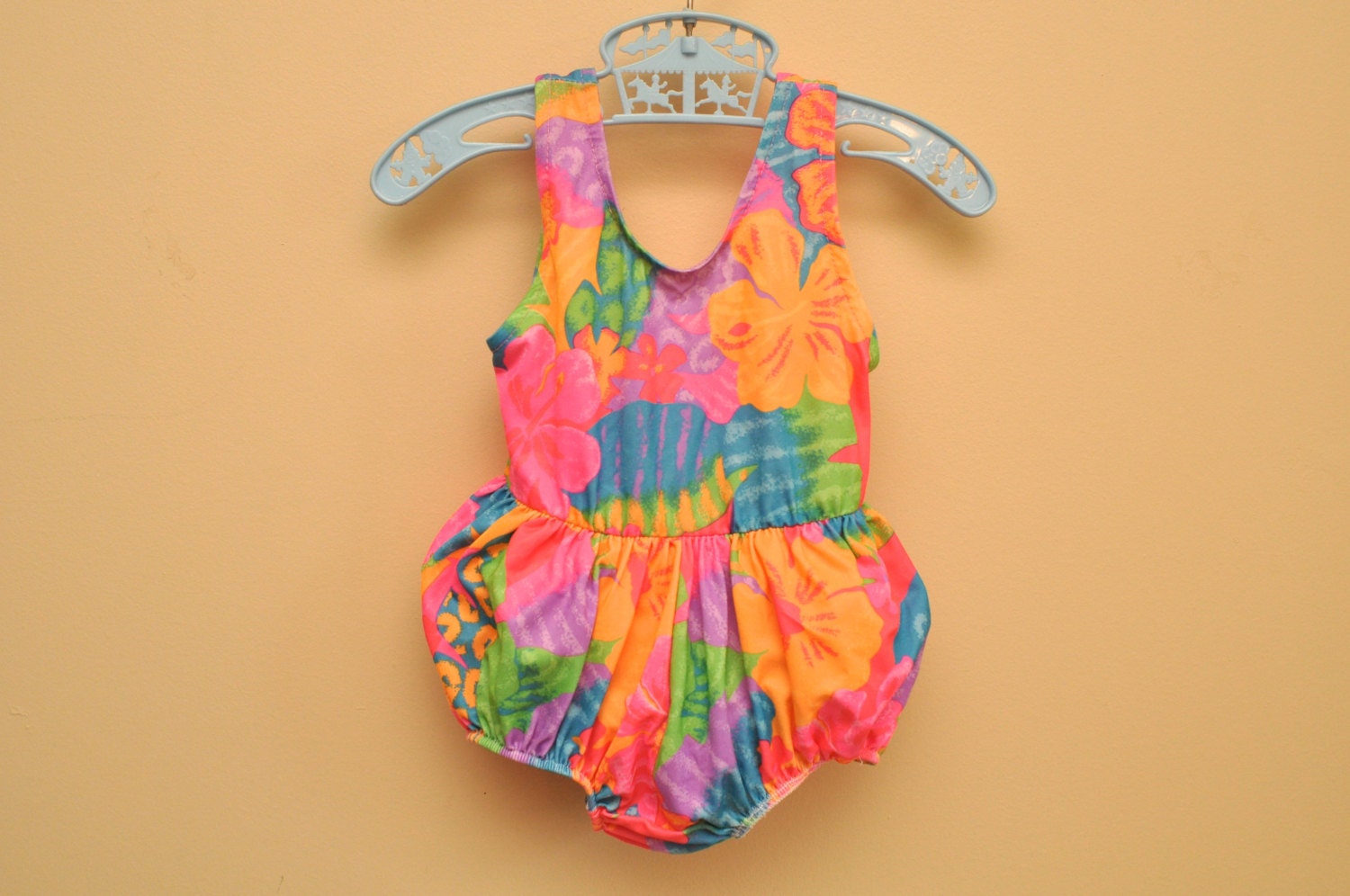 vtg hot pink and orange tropical baby girl swim suit with bubble bottom, lined, 12-24 months