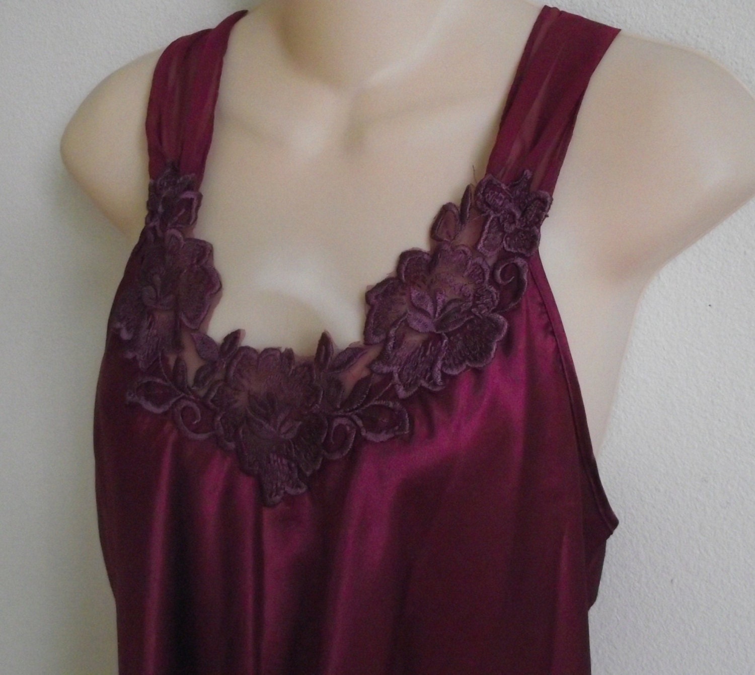Vintage nightgown  silky chemise style burgundy lace L