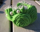 Lime Green Rosette Cuff Bracelet Pearl Lace and Rosette Fabric Statement Bracelet