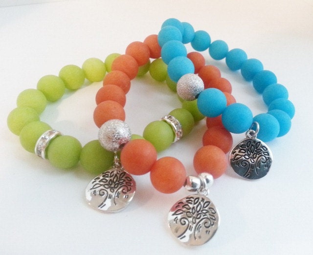 Tree of Life Charm Coral Matte Agate Gemstones Beaded Stretch Bracelet