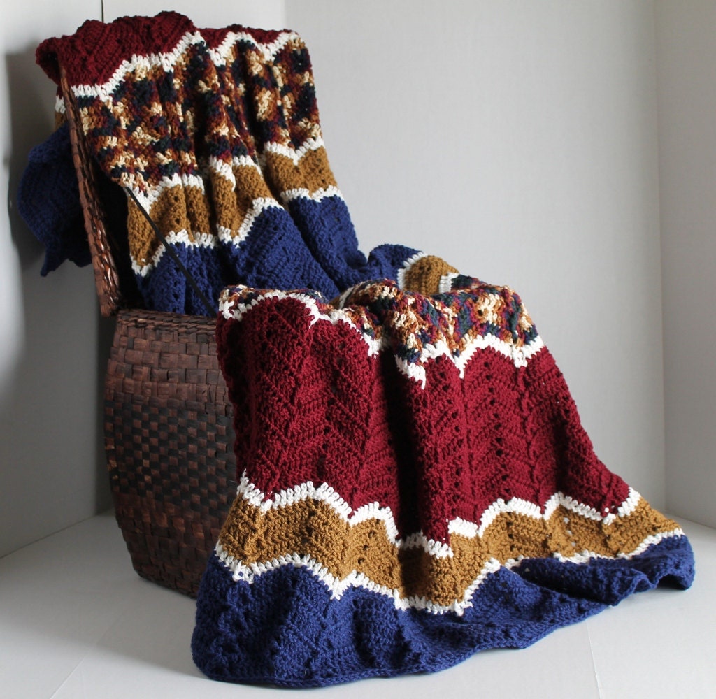 Afghan - Handmade Ripple Crochet Blanket - Burgundy, Blue, and Brown