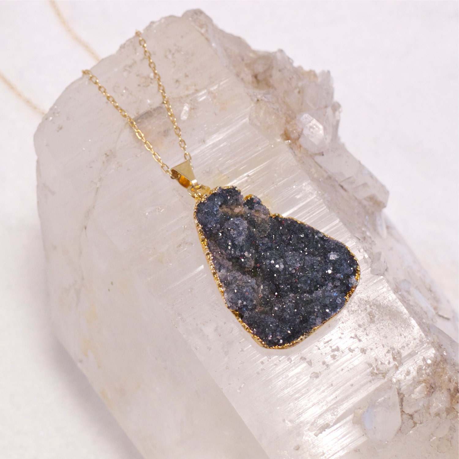 Druzy- Druze-Black-Raw mineral- Agate- Sparkling-Gold Necklace