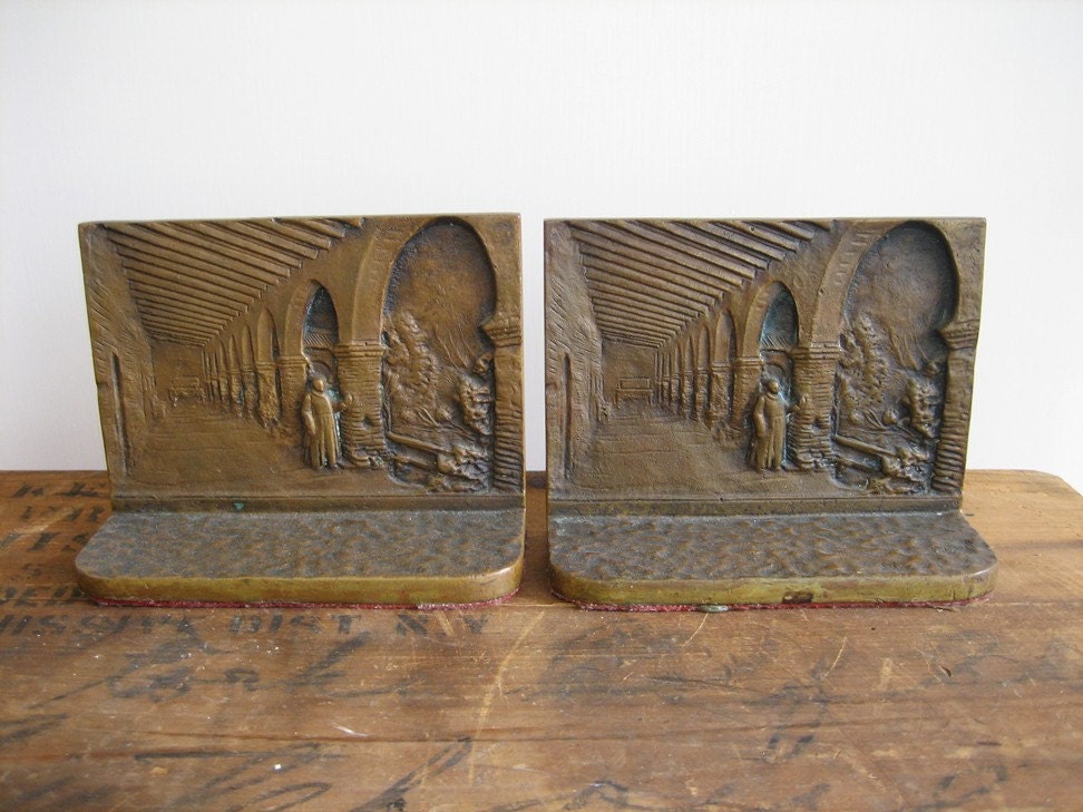 Solid Bronze Bookends Antique Monk Monastery Cloisters Garden Home Decor