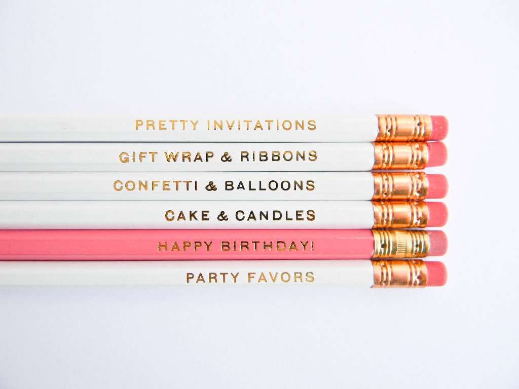 Happy Birthday Pencils- White, Pink, & Gold, Set of 6