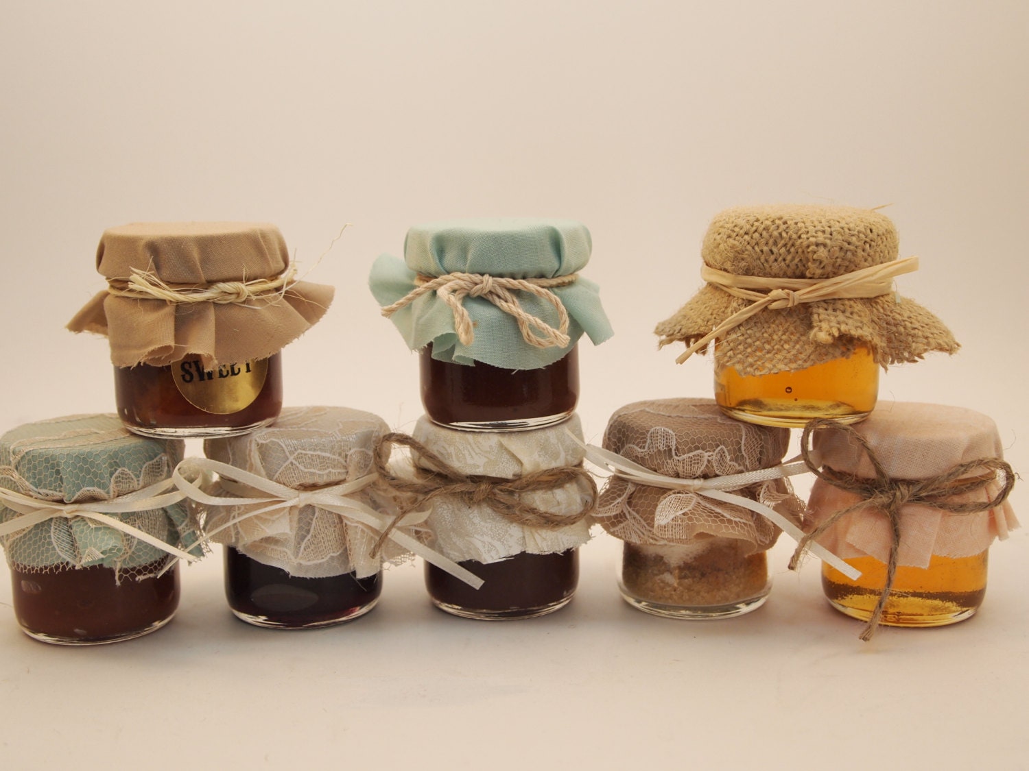 150 Wedding Favor Jars, filled with homemade jam and dressed in your custom colors