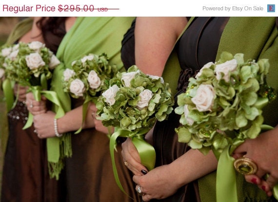 ON SALE 15% off Bridesmaids Bouquet with Green Hydrangea and Cream Ivory Roses Set of 5 Mix and real flowers and fabric flowers Il_170x135