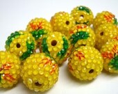 Chunky Beads, 12 Rhinestone Bubblegum Beads, Big YELLOW with Red and Green Flowers, Resin Sparkling Crystal 20mm - SpecialSparkles Chunky Beads, 12 Rhinestone Bubblegum Beads, Big YELLOW with Red and Green Flowers, Resin Sparkling Crystal 20mm - SpecialSparkles