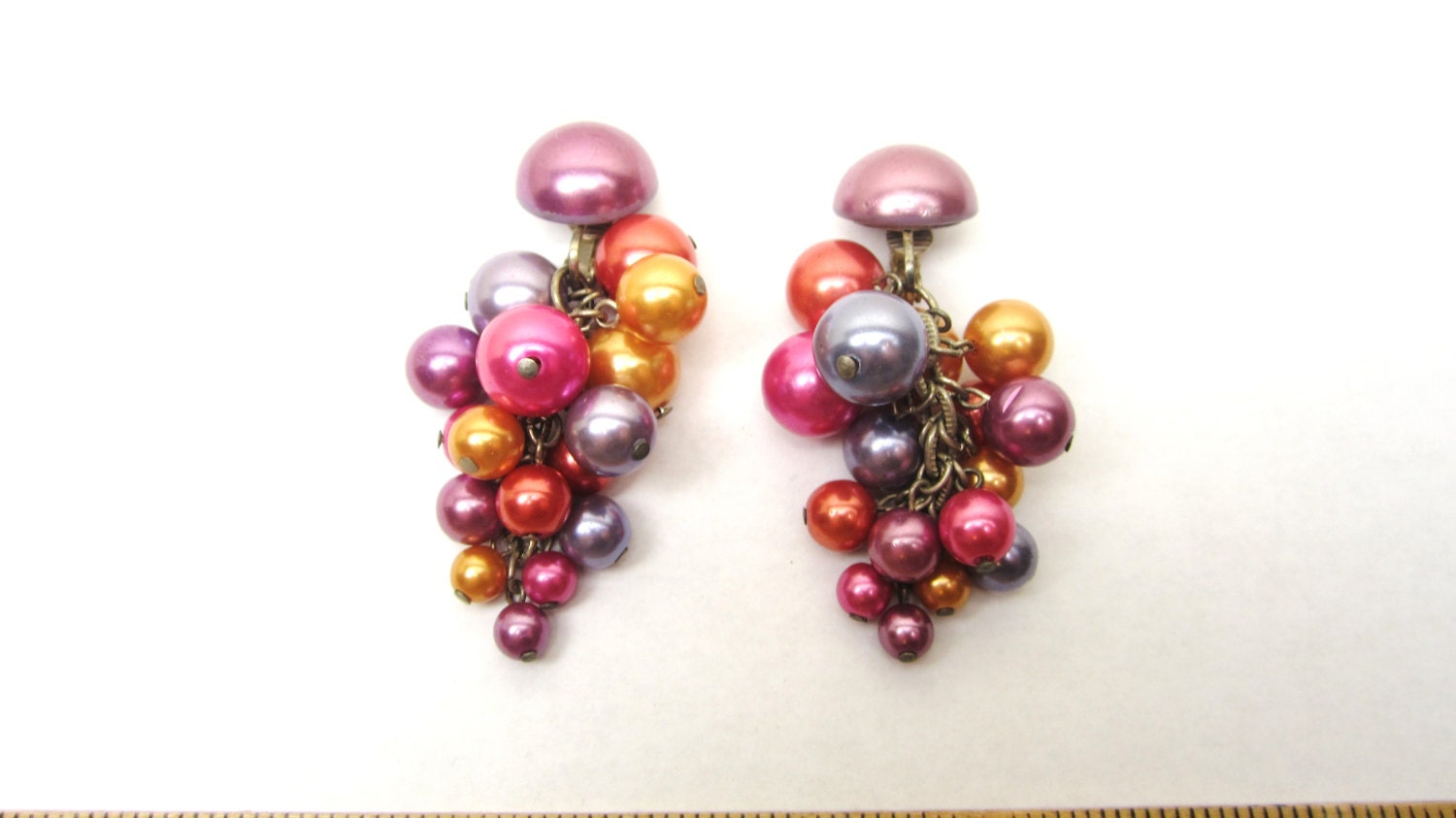 Vintage 1980s Earrings Large Dangling Beads Retro Plastic Clip On Earrings 80s or 90s Fashion Rad