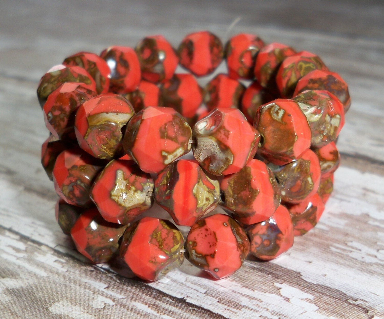 Czech Glass 9mm Bead Salmon Orange Coral Central Cut Irregular FIREGLOW (10)
