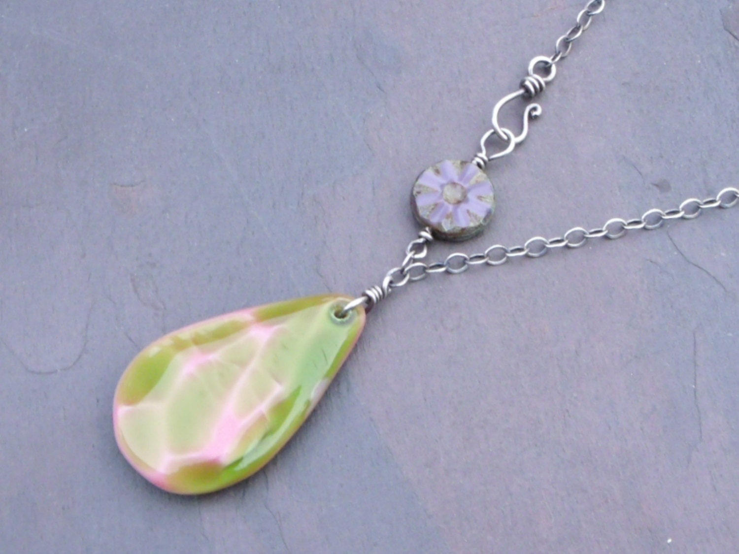 Spring Drop - Czech Glass and Sterling Silver Rustic Ox Necklace