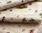 Cotton Linen Fabric Clothes- Red Farm Girl Flower and Letters on Beige Linen Cotton- Fabric by Yard 1/2 yard f009